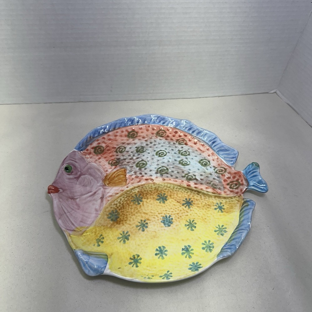 Italian Made Pottery Fish Plate, Stamped Made Italy 11" Funky Fun Hand Painted‎